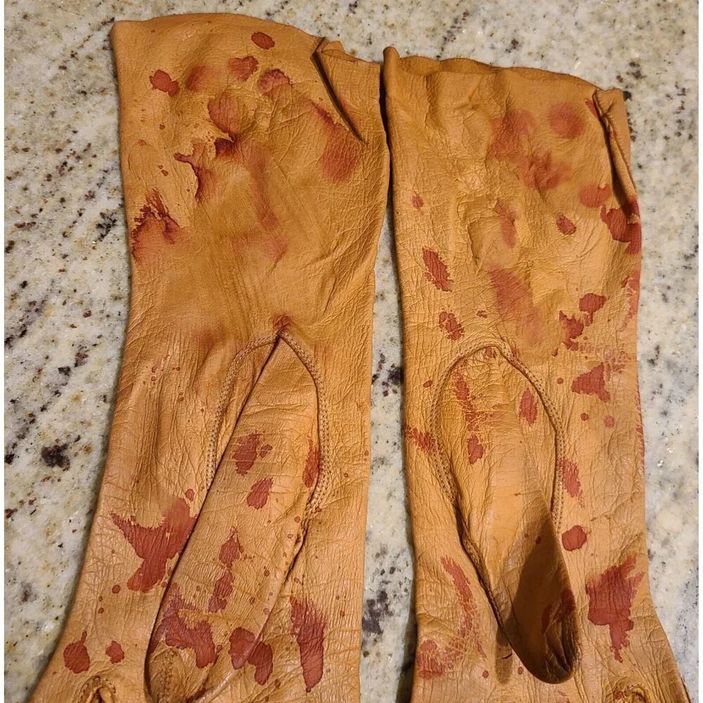 Vintage Size S Brown Leather Gloves Fake Bloody Horror Costume Slashed Worn